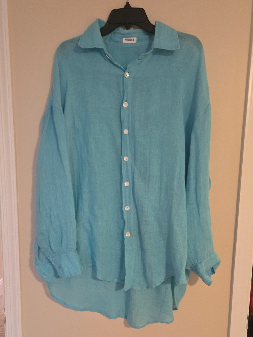 Vitamin A  Turquise Linen Button-Down Oversized Cover Up